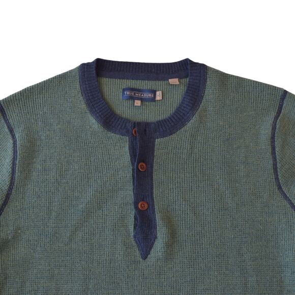 True Measure by J.L. Powell Wool Henley Sweater Green Navy Large - Picture 2 of 4